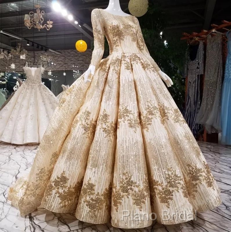 Gold Sequins Ball Gown Wedding Dresses Long Sleeves Open Back