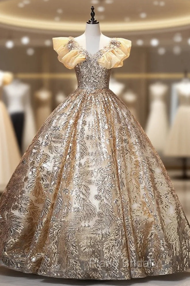 Gold Sequins Bling BlingV-neck Quinceanera Dresses Main image