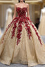 Gold Sequins Burgundy Appliques Strapless Formal Prom Dresses