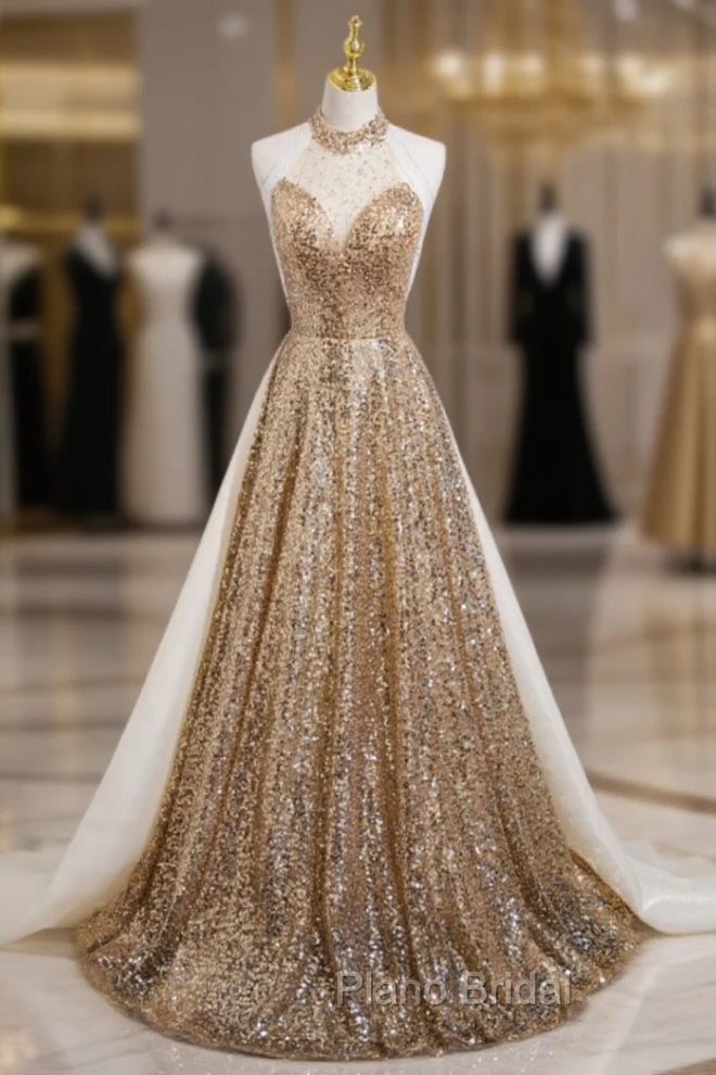 Gold Sequins Halter Backless Beading Formal Prom Dresses Main image