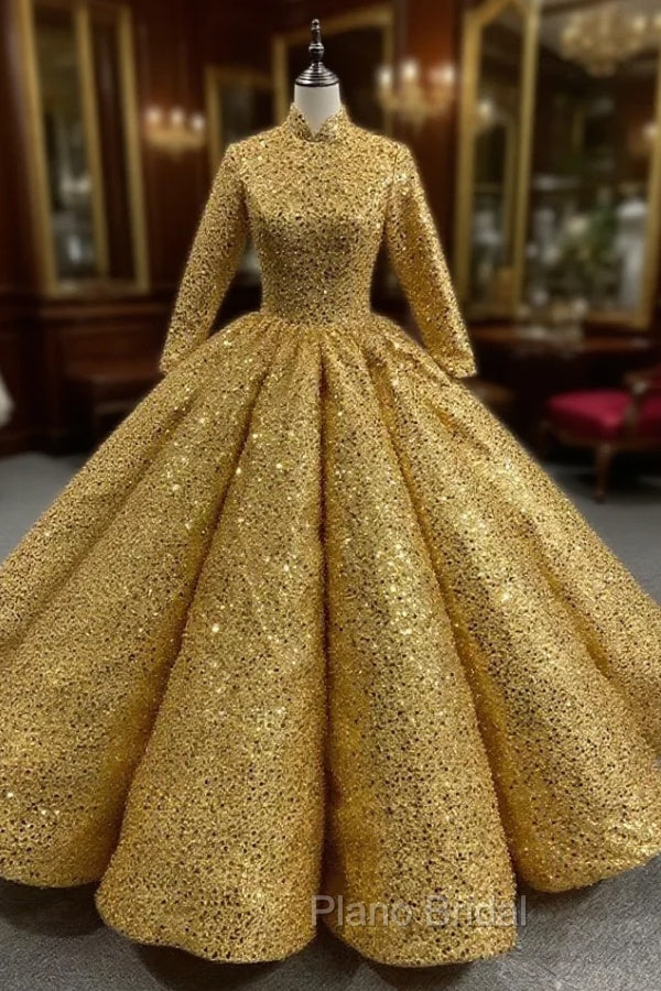 Gold Sequins High Neck Long Sleeve Formal Prom Dresses Main image