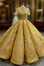 Gold Sequins High Neck Short Sleeve Formal Prom Dresses