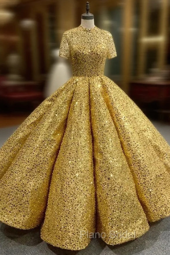 Gold Sequins High Neck Short Sleeve Formal Prom Dresses Main image