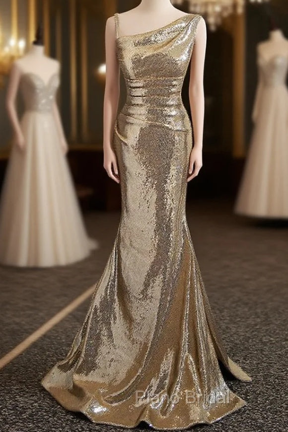 Gold Sequins Irregular Neck Pleats Formal Prom Dresses Main image