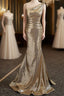 Gold Sequins Irregular Neck Pleats Formal Prom Dresses
