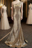 Gold Sequins Irregular Neck Pleats Formal Prom Dresses