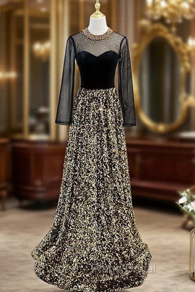 Gold Sequins Long Sleeve Backless Beading Formal Prom Dresses