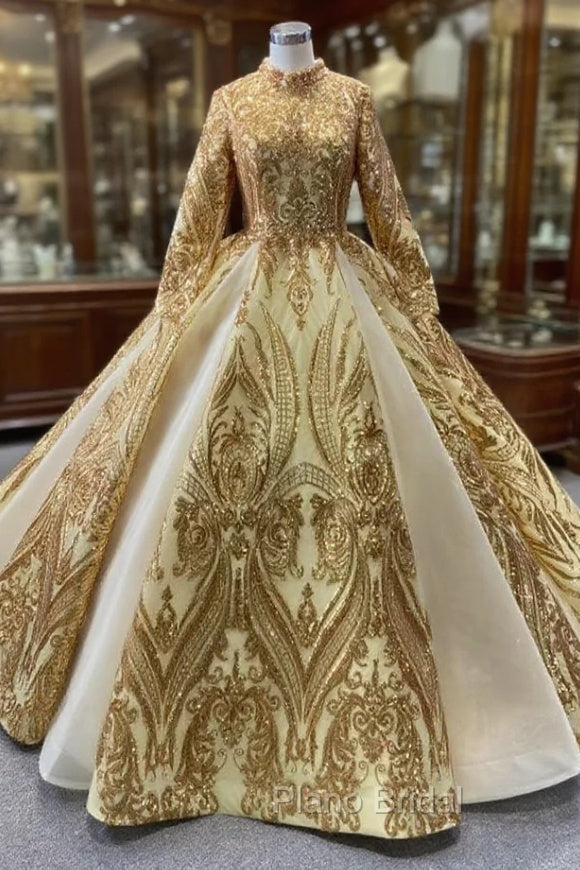 Gold Sequins Long Sleeve High Neck Formal Prom Dresses