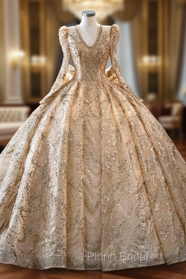 Gold Sequins Long Sleeve V-neck Formal Prom Dresses Main image