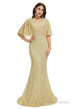 Sequins Mermaid Cape Sleeves V Neck Prom Dresses