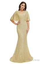 Sequins Mermaid Cape Sleeves V Neck Prom Dresses