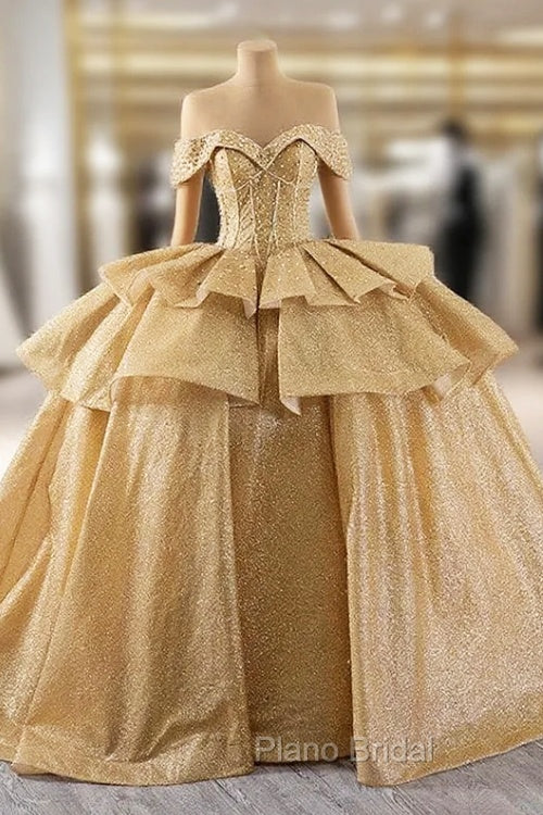 Gold Sequins Off the Shoulder Beading Formal Prom Dresses