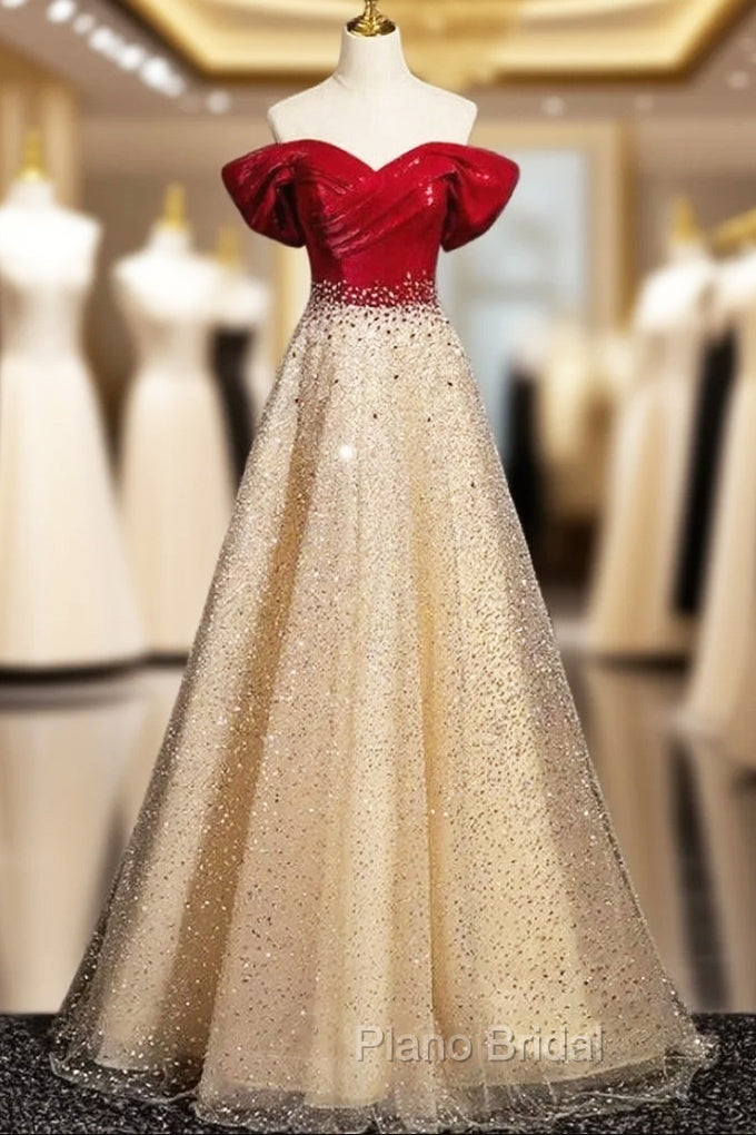 Gold Sequins Off the Shoulder Crystal Formal Prom Dresses Main image