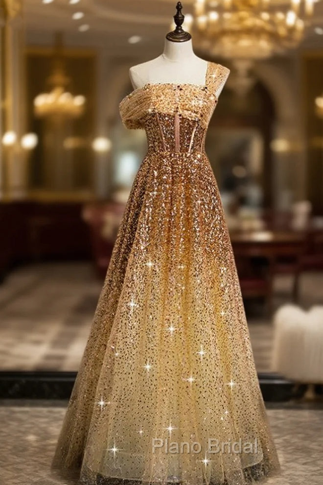 Gold Sequins One Shoulder Pleats Corset Formal Prom Dresses