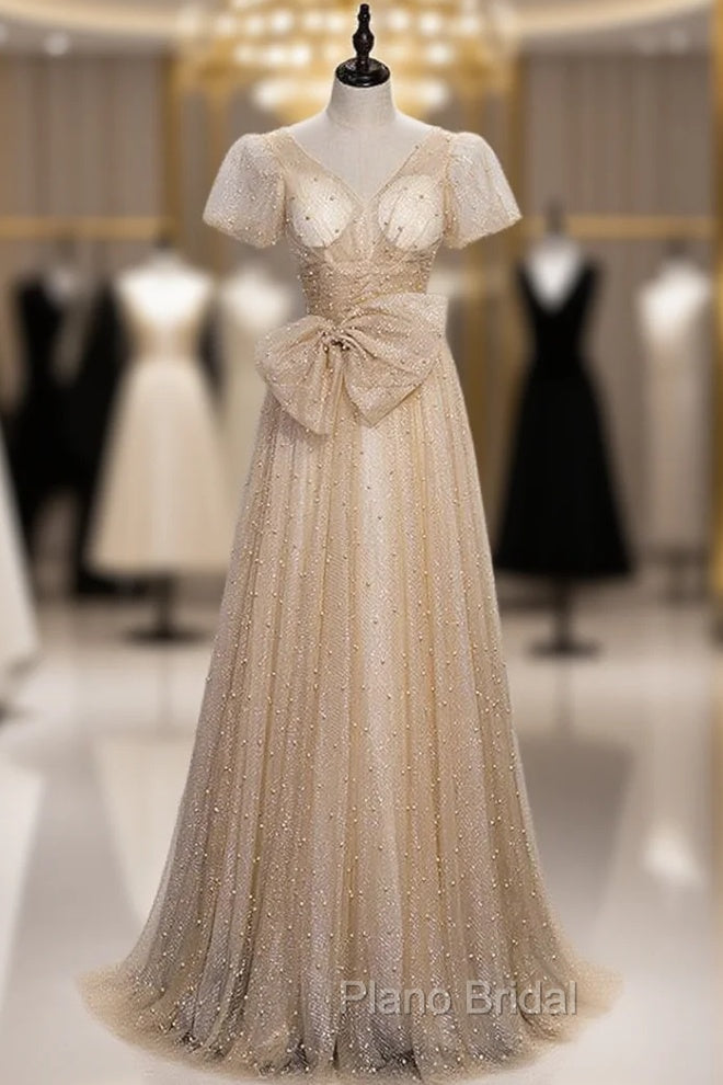 Gold Sequins Pearls V-neck Puff Sleeve Formal Prom Dresses