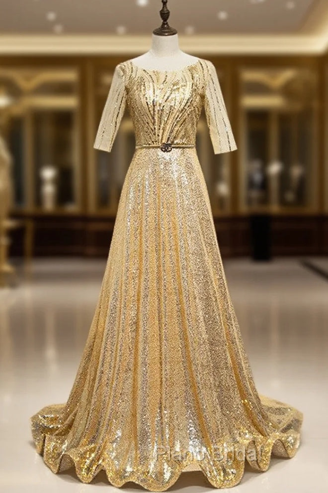 Gold Sequins Short Sleeve Formal Prom Dresses With Belt Main image