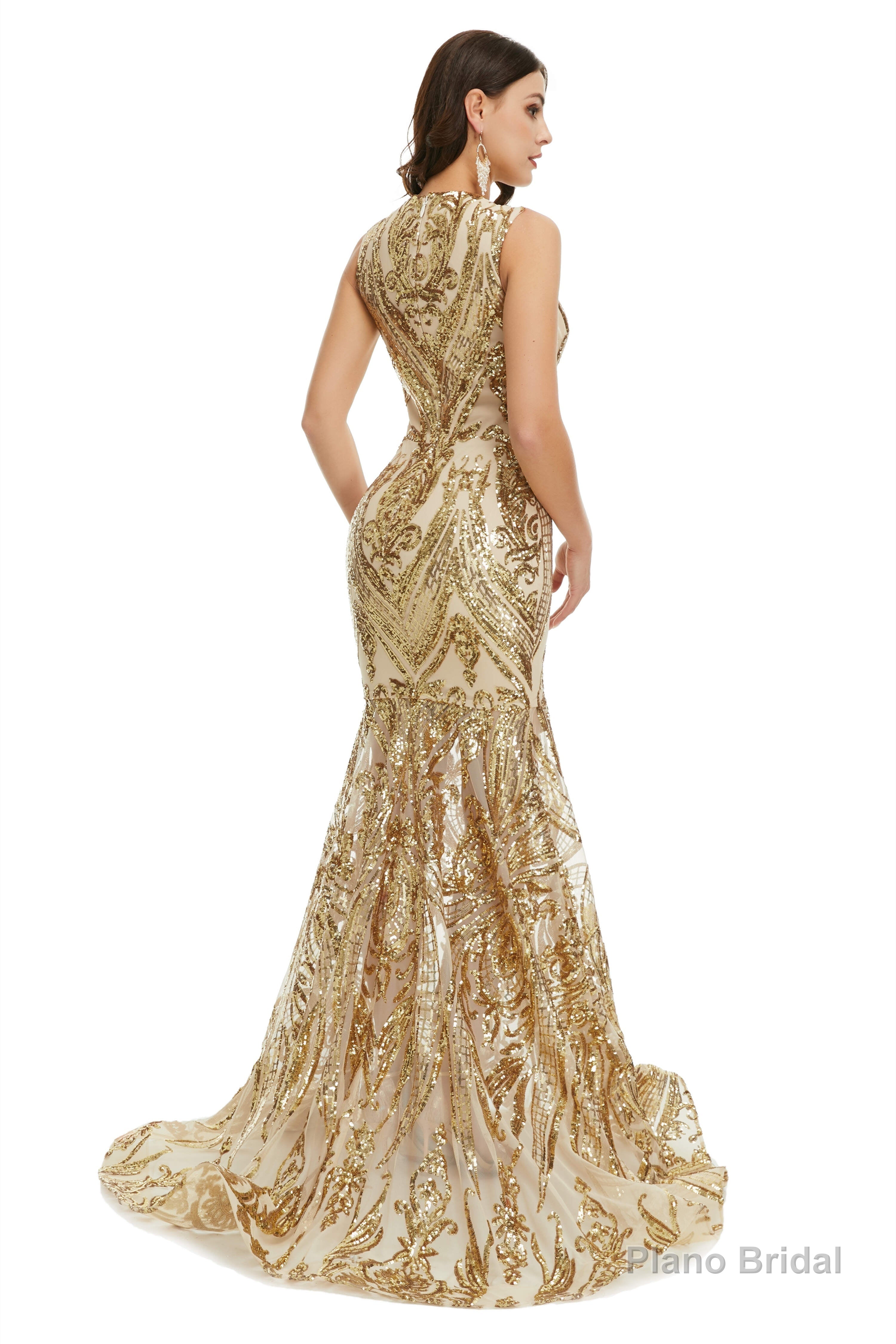 Sequins Sleeveless Floor Length Crew Neck Prom Dresses