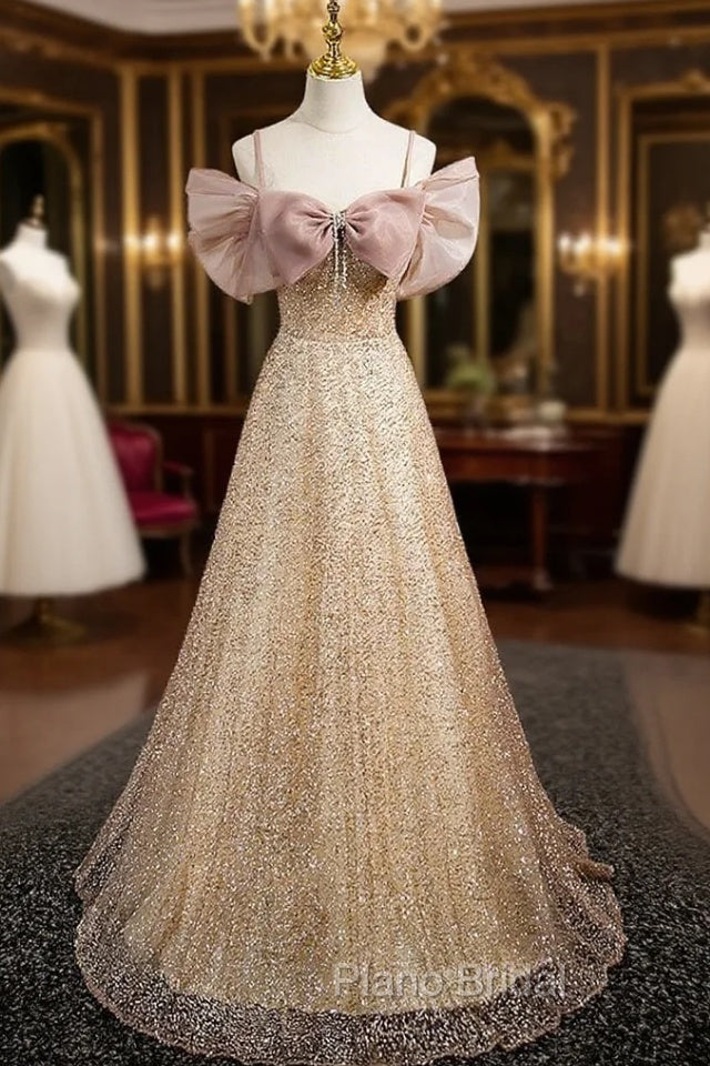 Gold Sequins Spaghetti Straps Bow Formal Prom Dresses Main image