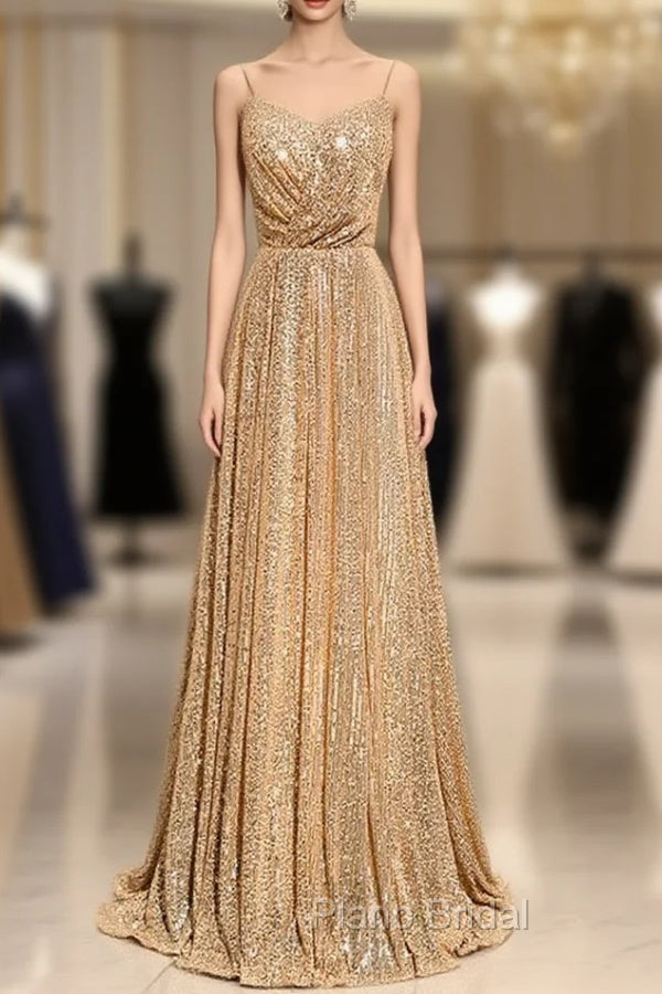Gold Sequins Spaghetti Straps Formal Prom Dresses Main image