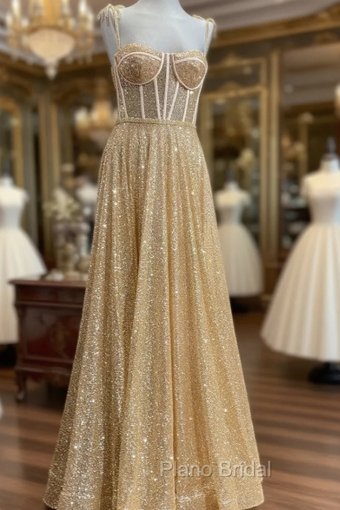 Gold Sequins Spaghetti Straps Sexy Formal Prom Dresses Main image