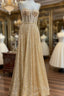 Gold Sequins Spaghetti Straps Sexy Formal Prom Dresses