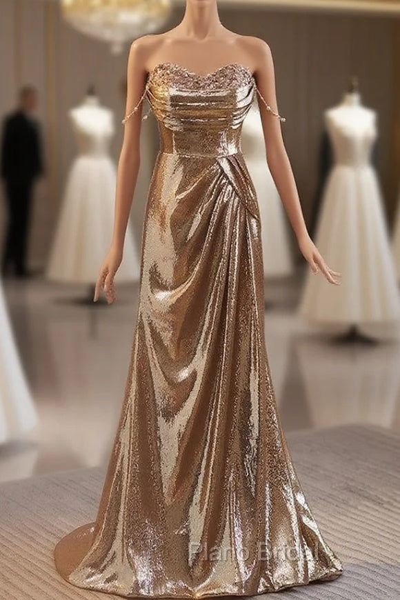 Gold Sequins Strapless Pleats Formal Prom Dresses Main image