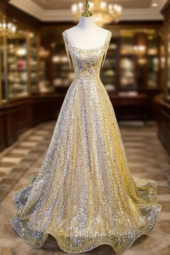 Gold Sequins Straps Beading Formal Prom Dresses Main image