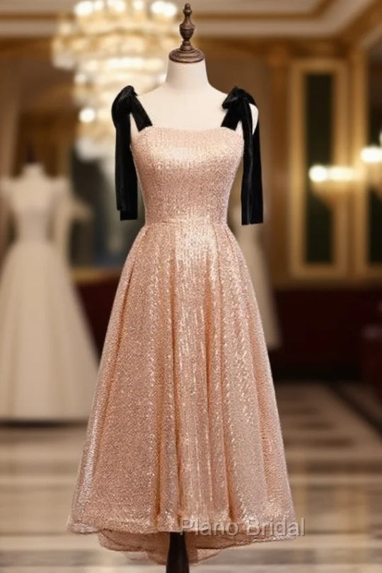 Gold Sequins Straps Tea Length Formal Prom Dresses Main image