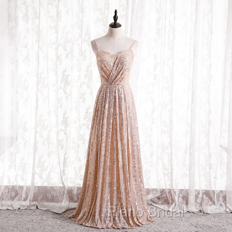 Gold Sequins Sweetheart Simple Spaghetti Straps Long Party Dresses, Sequins Formal Prom Dresses Bridesmaid Dresses Secondary image