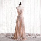 Gold Sequins Sweetheart Simple Spaghetti Straps Long Party Dresses, Sequins Formal Prom Dresses Bridesmaid Dresses