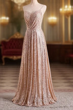 Gold Sequins Sweetheart Simple Spaghetti Straps Long Party Dresses, Sequins Formal Prom Dresses Bridesmaid Dresses