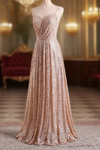 Gold Sequins Sweetheart Simple Spaghetti Straps Long Party Dresses, Sequins Formal Prom Dresses Bridesmaid Dresses