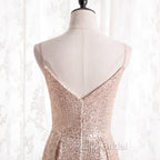 Gold Sequins Sweetheart Simple Spaghetti Straps Long Party Dresses, Sequins Formal Prom Dresses Bridesmaid Dresses