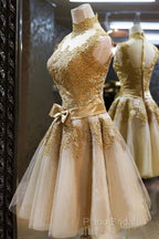Gold Short Knee Length Lace Homecoming Dresses , Short Formal Prom Dresses, Pretty Formal Dresses
