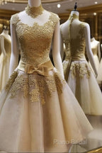 Gold Short Knee Length Lace Homecoming Dresses , Short Formal Prom Dresses, Pretty Formal Dresses