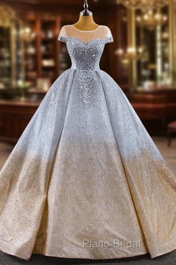 Gold Silver Ball Gown Sequins Cap Sleeve Crystal Formal Prom Dresses