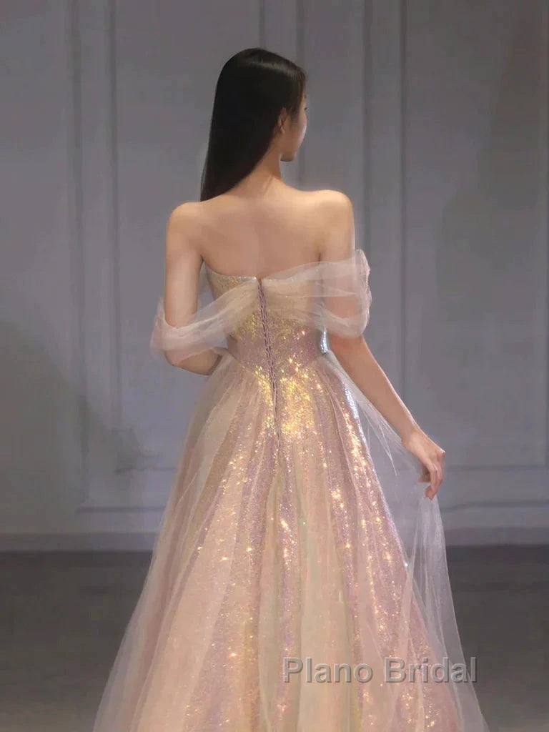 Gold Sparkle A Line Tulle Sequin Long Formal Prom Dresses Secondary image