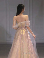 Gold Sparkle A Line Tulle Sequin Long Formal Prom Dresses