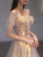 Gold Sparkle A Line Tulle Sequin Long Formal Prom Dresses
