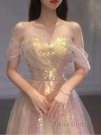 Gold Sparkle A Line Tulle Sequin Long Formal Prom Dresses