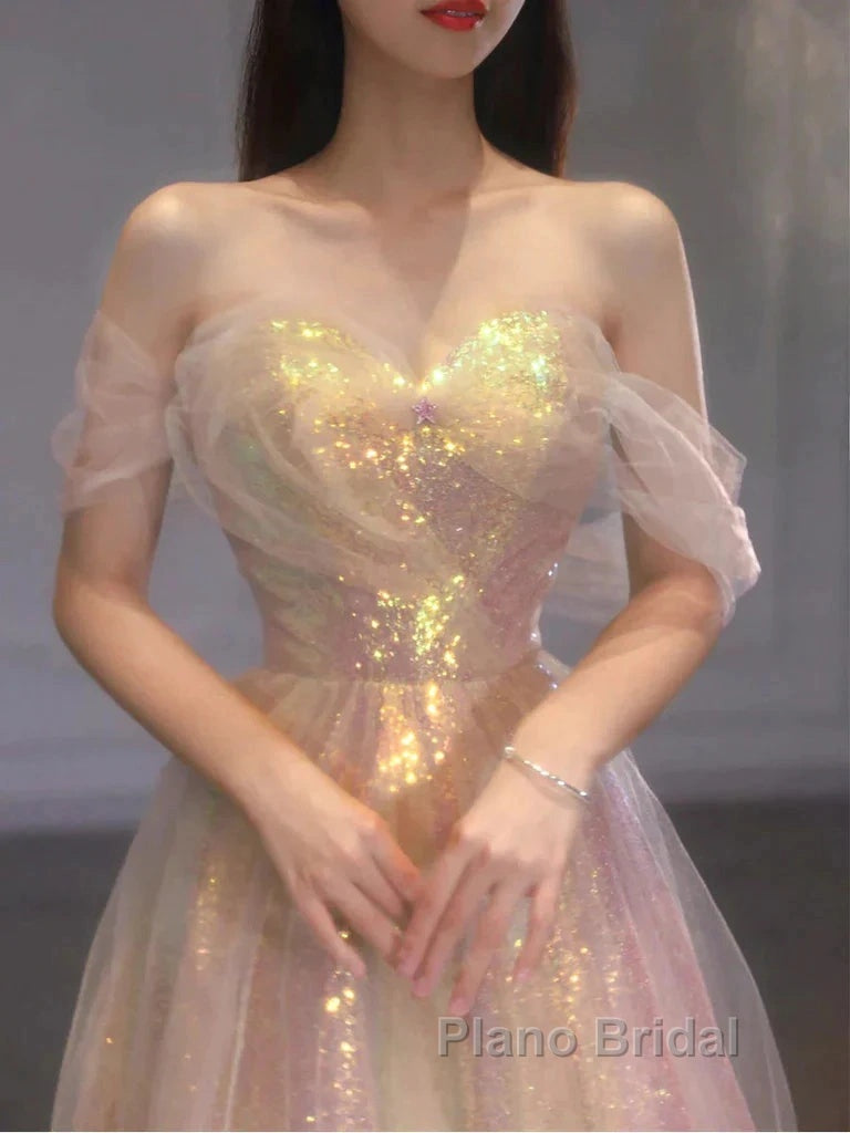 Gold Sparkle A Line Tulle Sequin Long Formal Prom Dresses