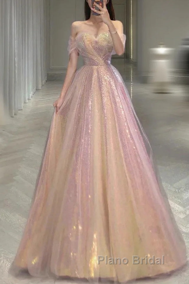 Gold Sparkle A Line Tulle Sequin Long Formal Prom Dresses Main image