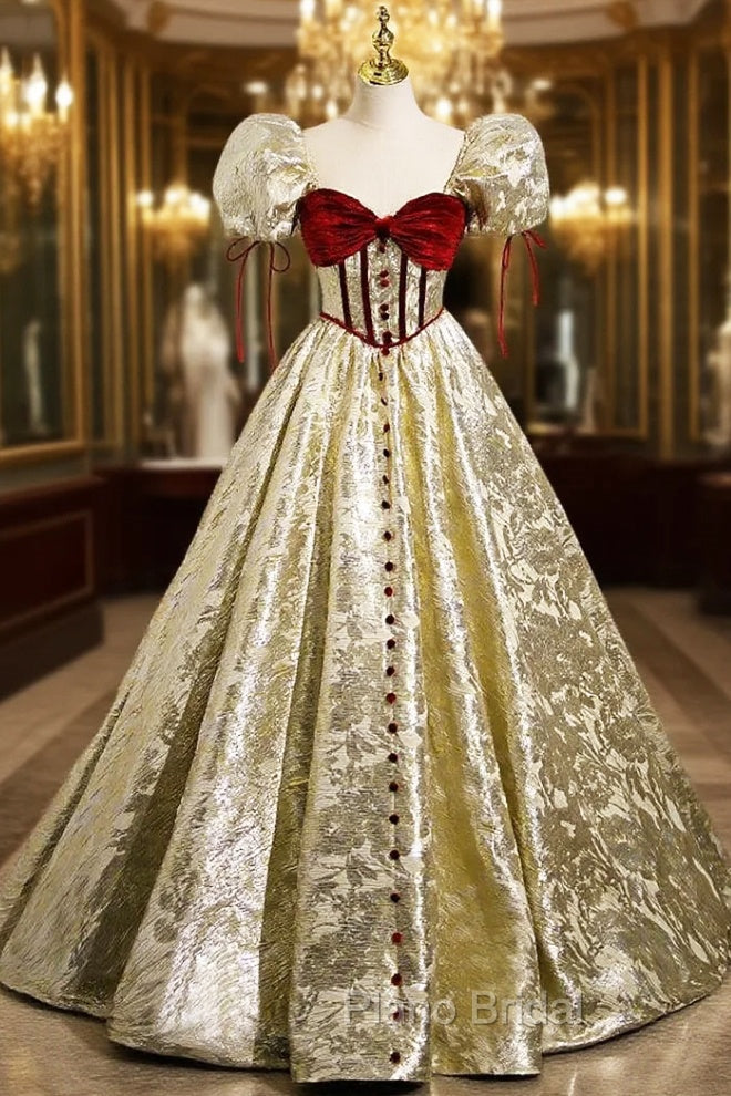 Gold Square Puff Sleeve Velvet Formal Prom Dresses Main image