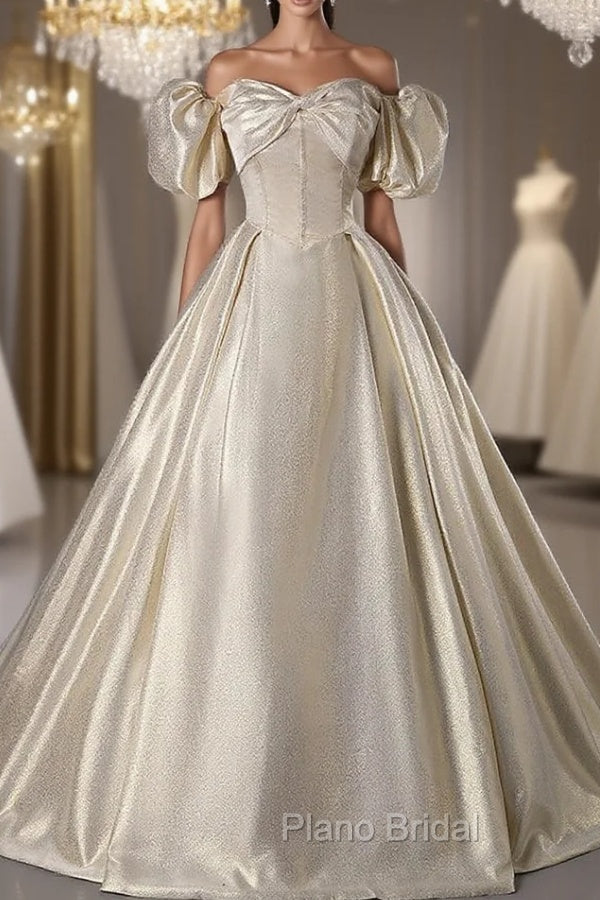 Gold Strapless Puff Sleeve Pleats Quinceanera Dresses