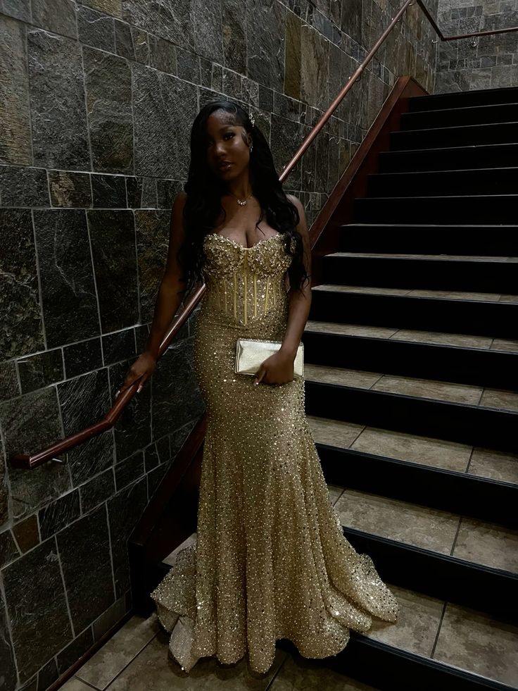 Gold Sequin Mermaid Long Formal Prom Gown Formal Evening Dresses
