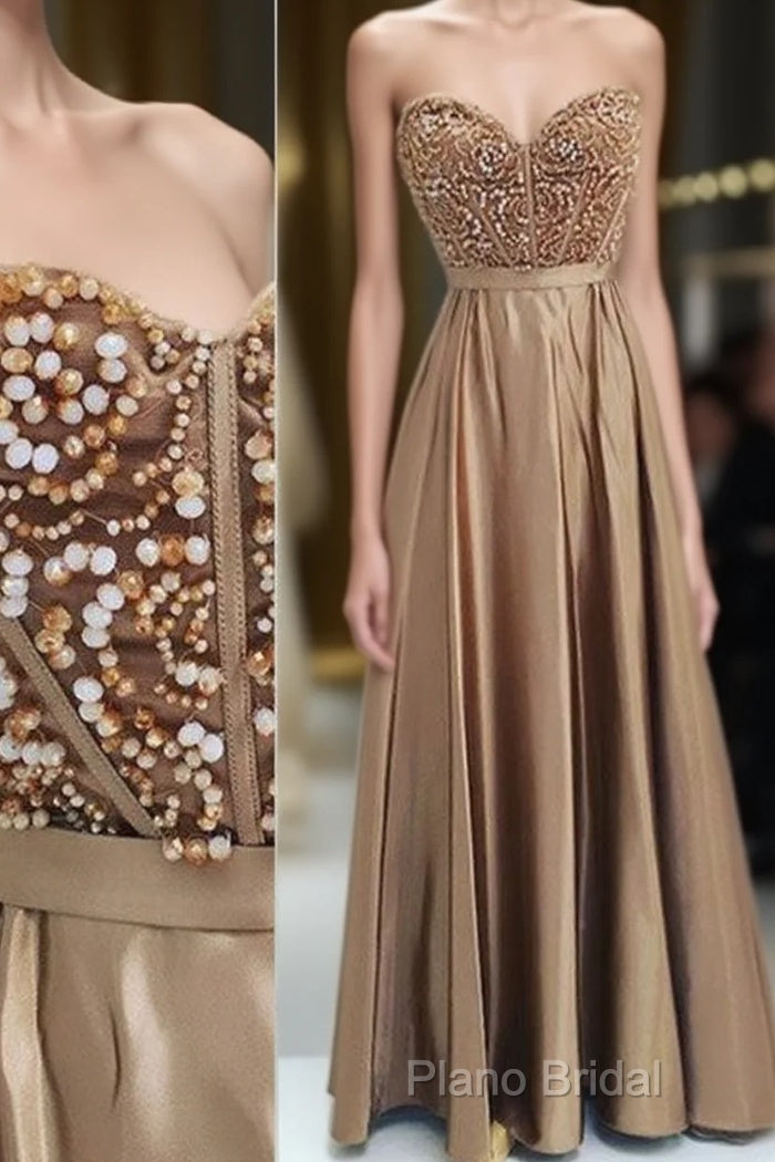 Gold Sweetheart Neck Beaded Long Formal Prom Dresses, Formal Dresses Main image
