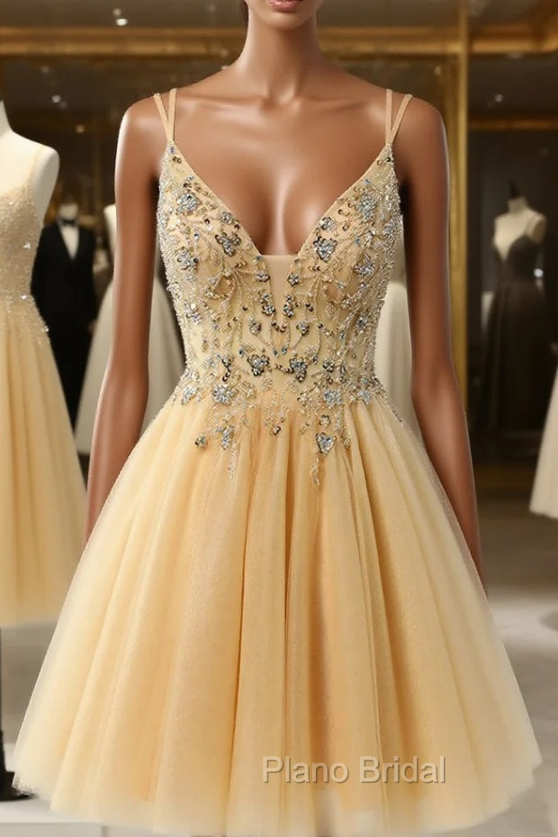 Gold Tulle Double Straps Beading Sequins Homecoming Dresses Main image