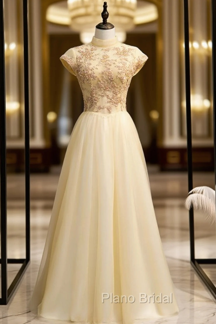 Gold Tulle High Neck Beading Open Back Formal Prom Dresses
