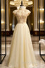 Gold Tulle High Neck Beading Open Back Formal Prom Dresses