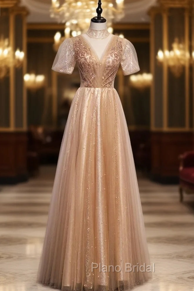 Gold Tulle High Neck Short Sleeve Beading Formal Prom Dresses Main image